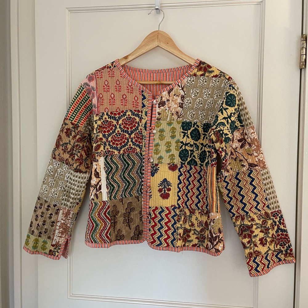 Red and Green Patchwork Blazer with Eclectic Patterns Coral Block Print
